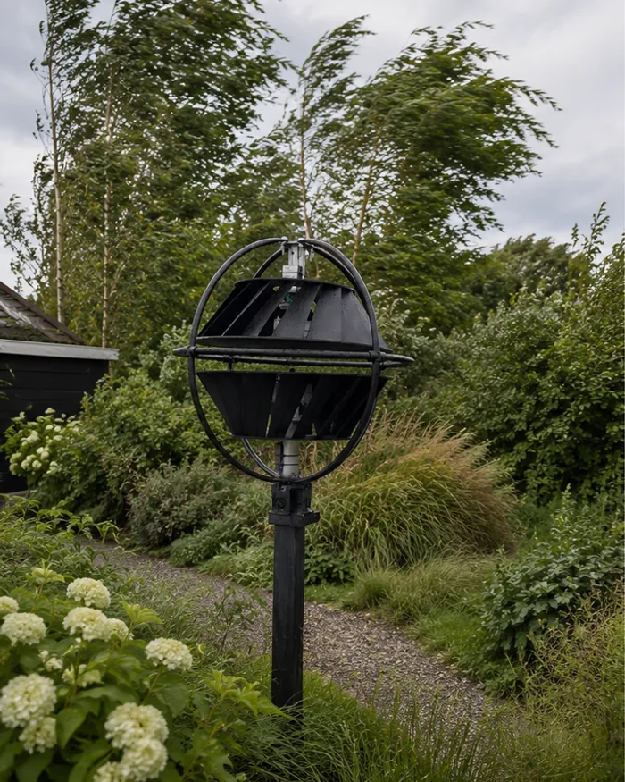 Een Greenmil-turbine in opstelling naast een gebouw, omgeven door beplanting.