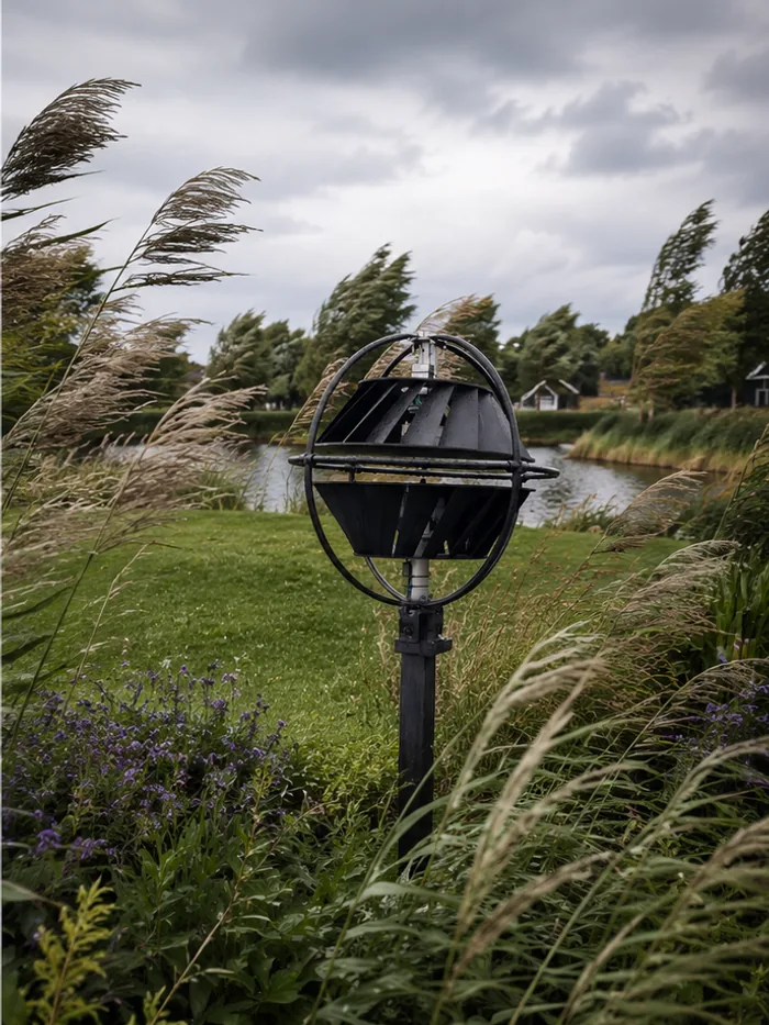Een compacte Greenmil-windturbine in opstelling buiten, met riet en bomen die buigen in de wind.